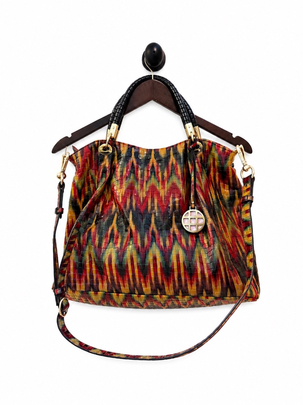 Repetto Multicolor Ikat-Style Shoulder Bag with Black Handles Alligator Embossed